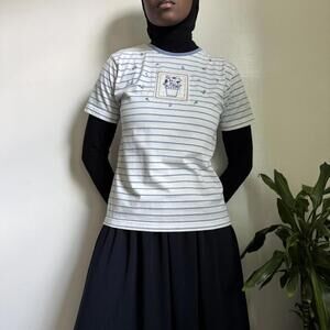 Vintage White and blue striped floral embroidered shirt size S